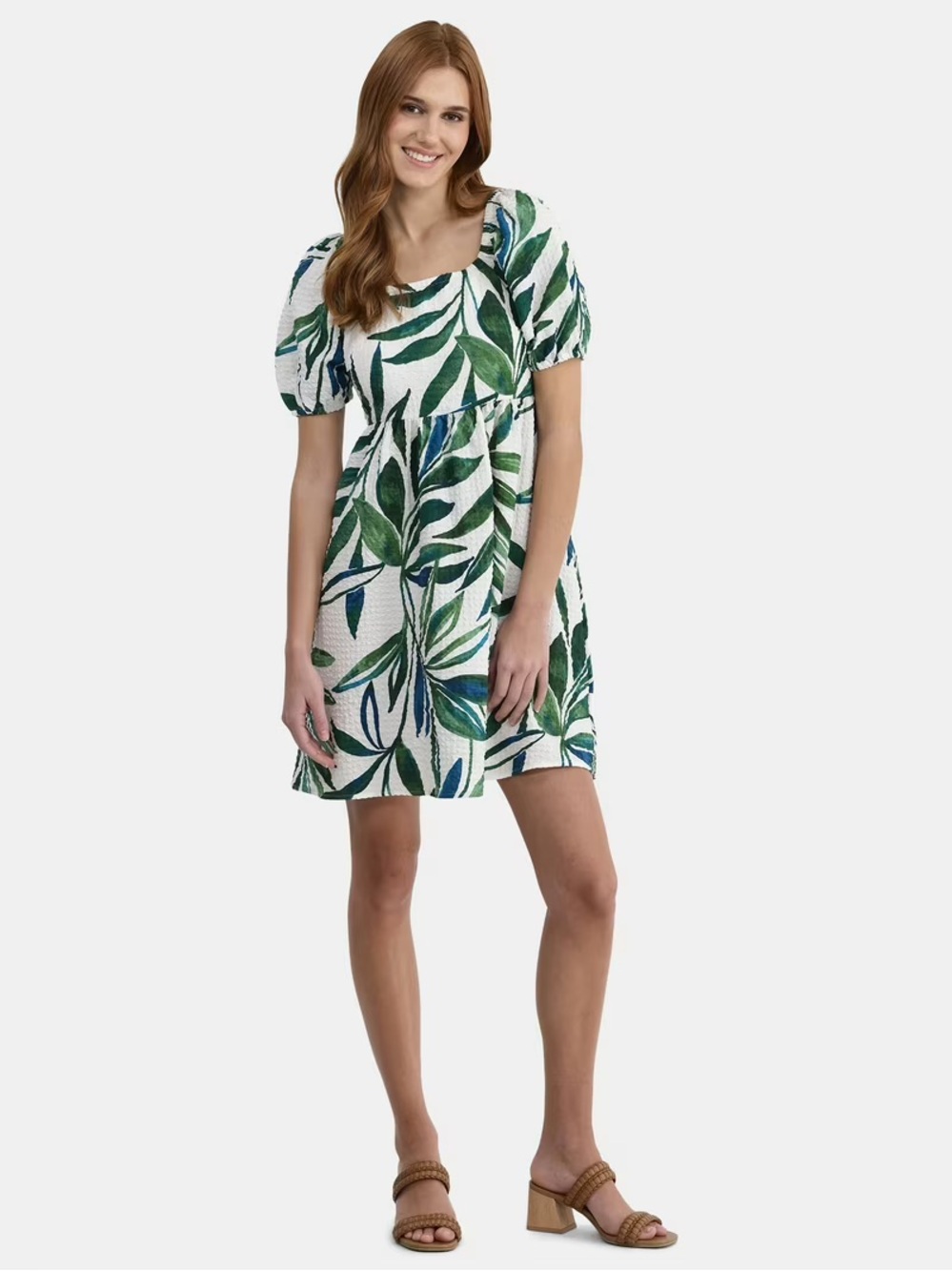 Time and Tru White Leaf Print Puff Sleeve Midi Dress